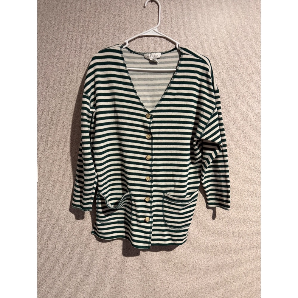 Priority Womens Green White Striped V-Neck Cardigan Sweater Size M Button Front